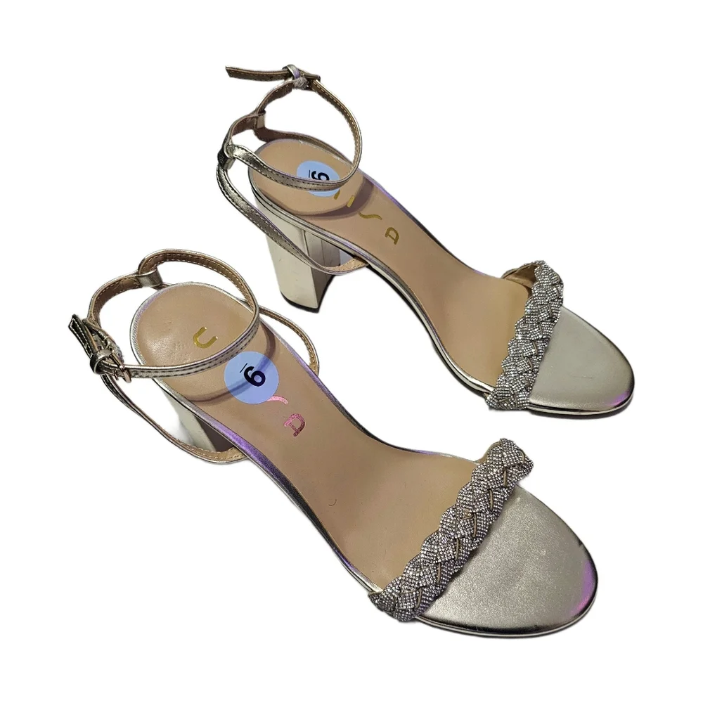 Rhinestone gold braided strappy block heel party shoes size 9
